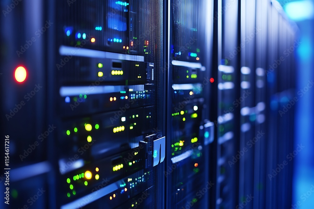 Poster server racks in a data center. concept of technology, data, and digital infrastructure.