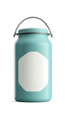 A stylish, turquoise jar with a white label and a metal handle, perfect for storage or decoration.