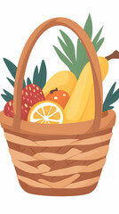 Woven basket of fresh tropical fruits, website design element.