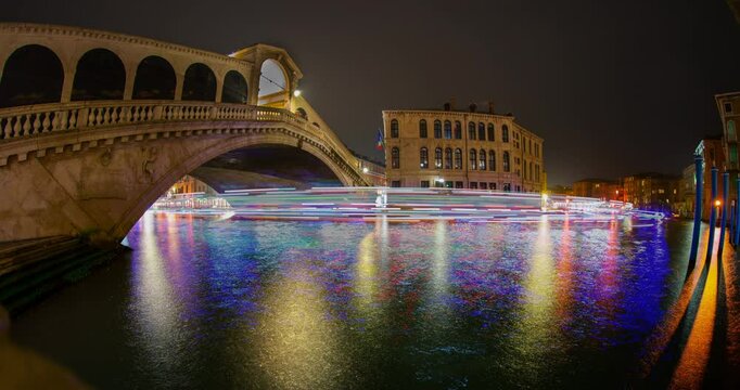 Rialto Bridge Venice Canal Night Boat Lights Streak Glow Timelapse Italy 