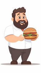 Happy man holding large burger, cartoon style, white background, food illustration, website banner.