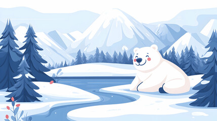 Happy polar bear relaxing by snowy river, mountain backdrop, winter wonderland scene, greeting card design.
