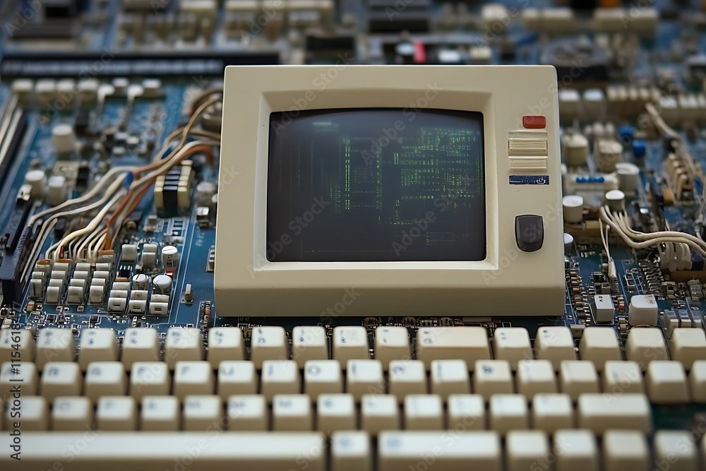 Poster vintage computer monitor and keyboard on circuit board. concept of retro technology, old computer, a