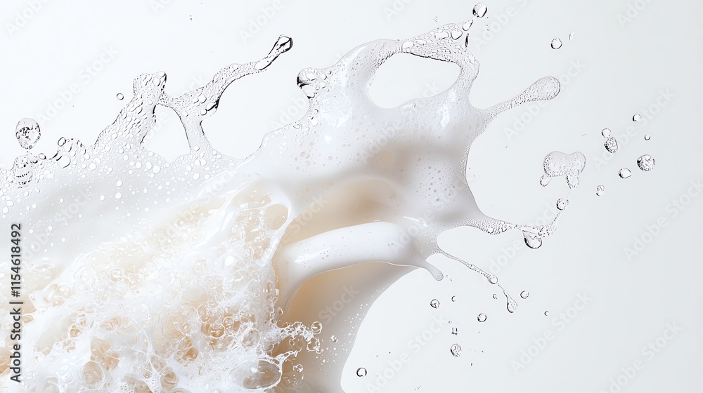 Aufkleber close-up of milk splash creating dynamic shapes on a white background.