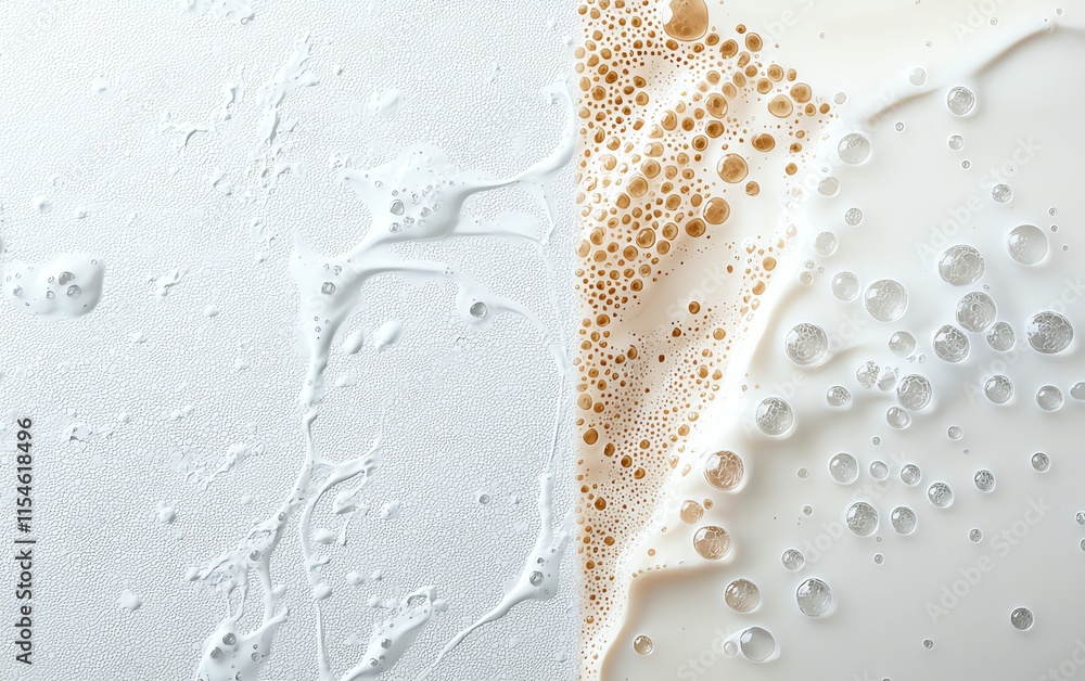 Poster close-up of milk and coffee mix with textures and bubbles, creating a unique abstract pattern.