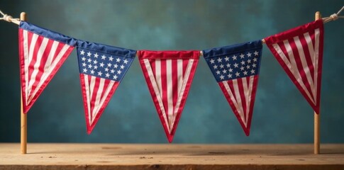 American flag pennants hanging vertically from a wooden dowel on a table, flag, star spangled banner