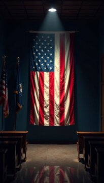 American flag hanging from a VFW hall's ceiling in a dimly lit room , hall, vfw