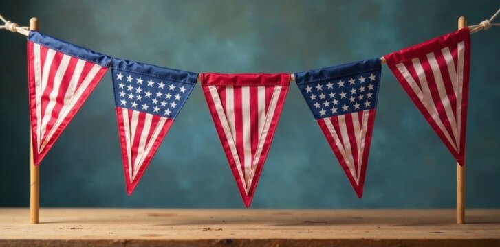 American flag pennants hanging vertically from a wooden dowel on a table, flag, star spangled banner