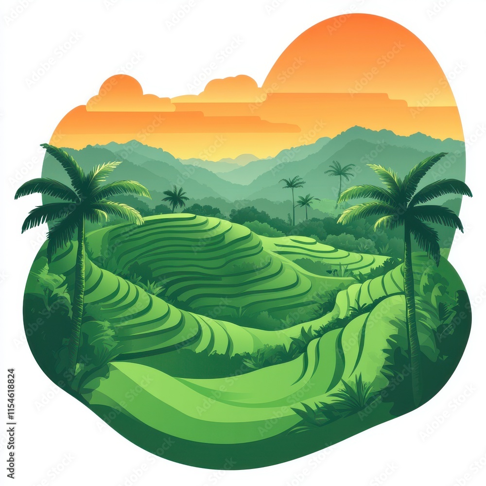 Poster a lush green field with palm trees in the background. generative ai