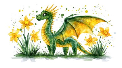 Cute green dragon with yellow wings among daffodils.