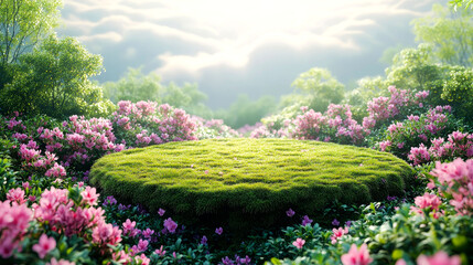 Obraz premium Lush green grass platform surrounded by vibrant pink flowers in a sunlit forest.