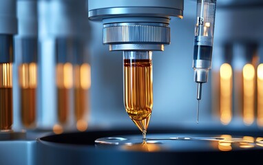 Close-up of precision laboratory equipment analyzing liquid samples.