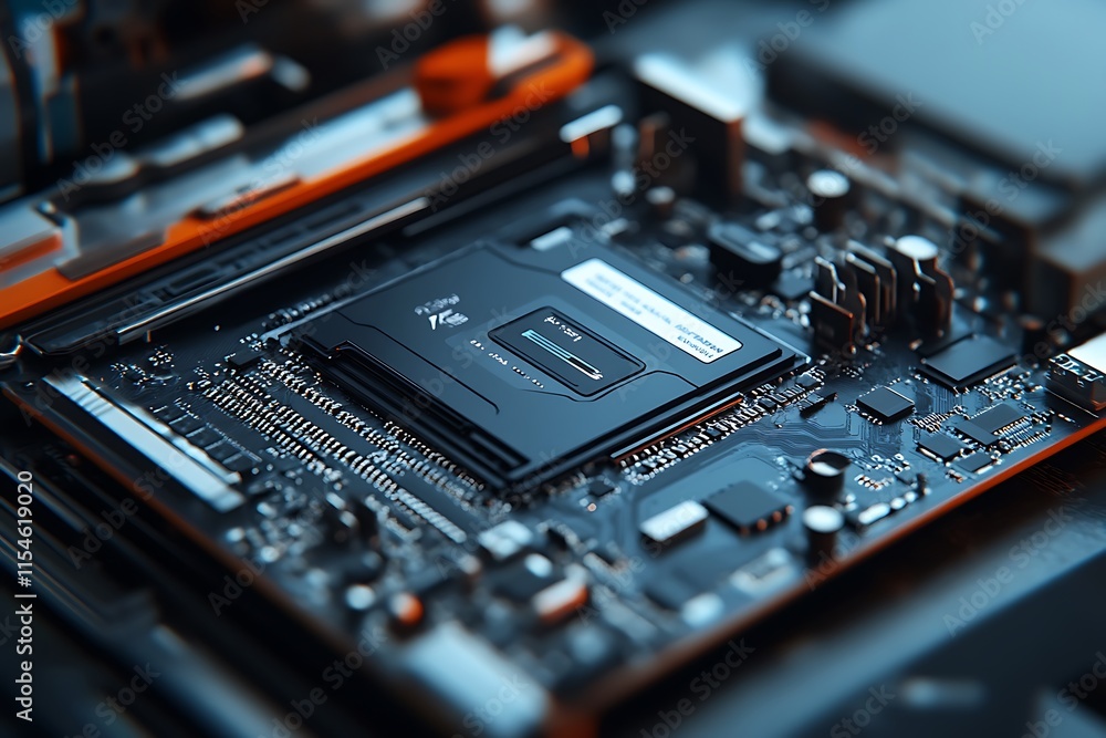 Poster close up of a modern computer motherboard with cpu. concept of technology, innovation, and computing