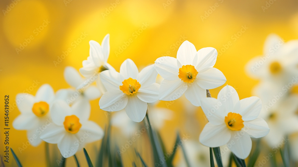 Poster daffodils bloom in a sunny field, creating a vibrant spring atmosphere.