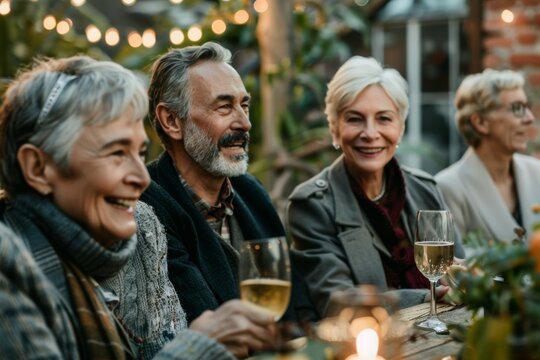 Happy senior friends toasting with glasses of wine and smiling while sitting at table outdoors - Powered by Adobe