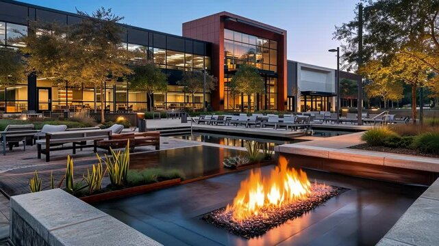 Warm firepit casting soft illumination across modern office building's exterior during twilight, creating serene outdoor seating environment with tranquil landscaping elements