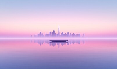 Serene cityscape skyline reflected in calm water at dawn with a small boat.