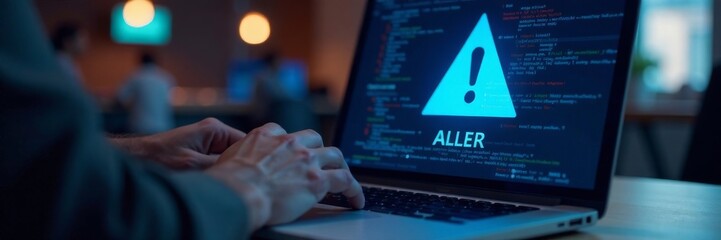 A hand grasps a laptop screen displaying a blue alert symbol as a warning sign of malware attack , computer, hacker