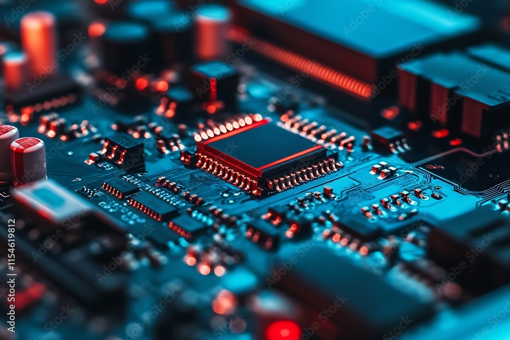 Poster close up of a circuit board with a microchip. concept of technology, electronics, and innovation.