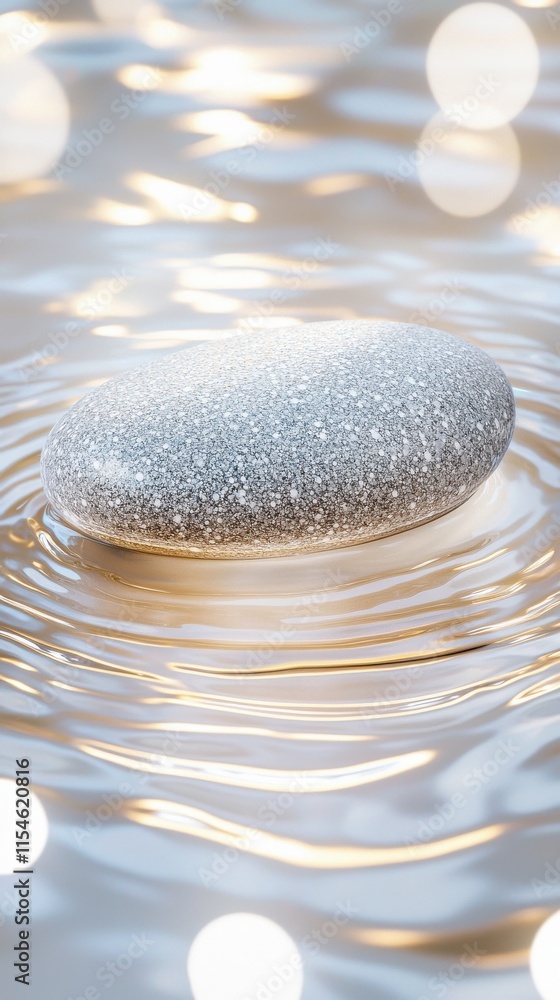 Poster smooth cosmic pebble in shallow pool of glimmering water nature tranquil environment close-up view
