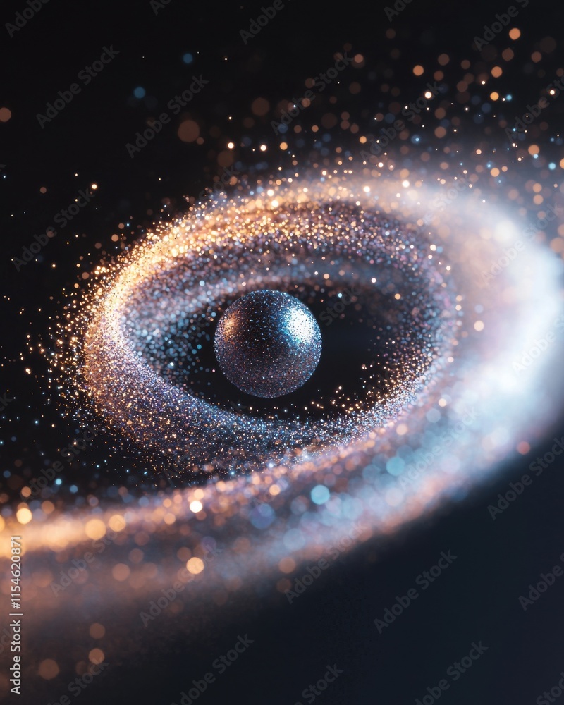 Poster dynamic spiral of colorful particles with glow abstract art digital cosmic environment close-up view