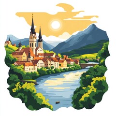 Naklejka premium A painting of a river with a bridge and a town in the background. Generative AI