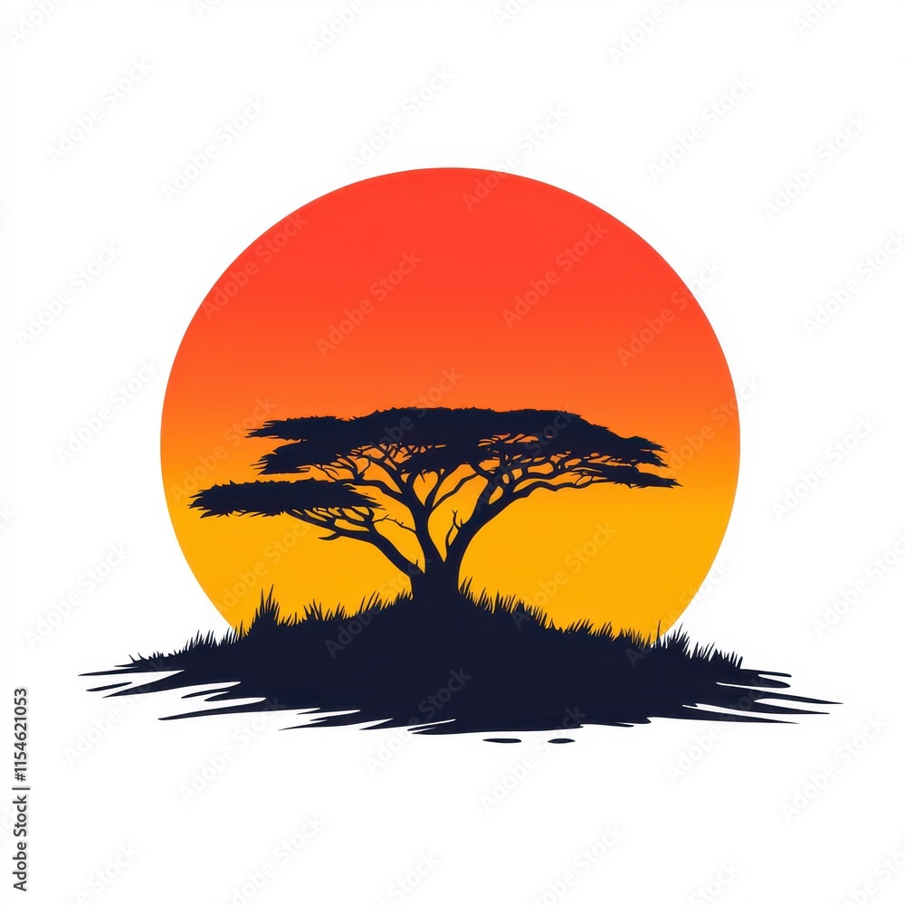 Poster a tree is in the center of a circle with a sunset in the background. generative ai