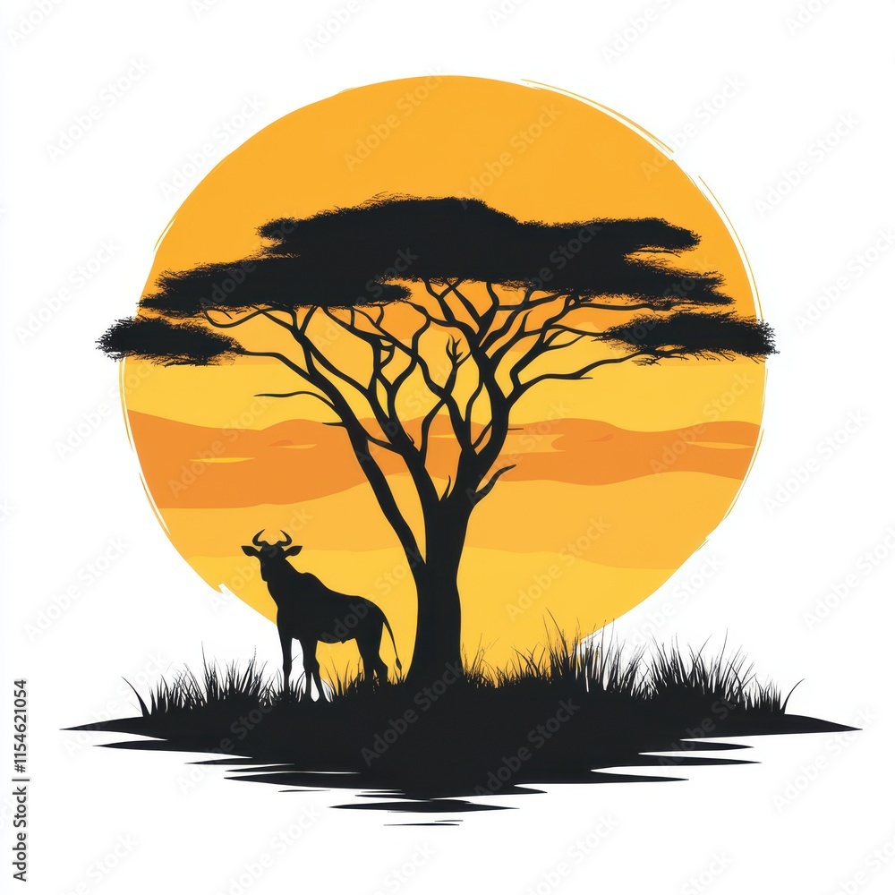 Poster a silhouette of a tree with a giraffe standing in front of it. generative ai