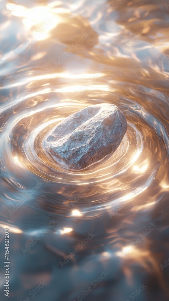 Poster smooth cosmic pebble floating in shallow pool of glimmering water nature scene tranquil environment 
