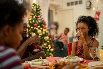 A joyful Christmas celebration with friends gathered around a festive dining table. Featuring a man in a Santa hat, a decorated Christmas tree, delicious food, and warm holiday cheer.