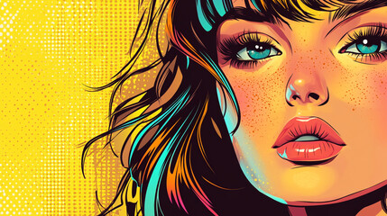 Fototapeta premium Vibrant portrait of a woman with colorful hair and striking freckles. 