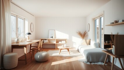 Fototapeta premium Cozy Scandinavian-style living room with wooden panel walls, neutral-toned furniture, and minimalist decor. Bright natural light fills the inviting space. Generative, AI,
