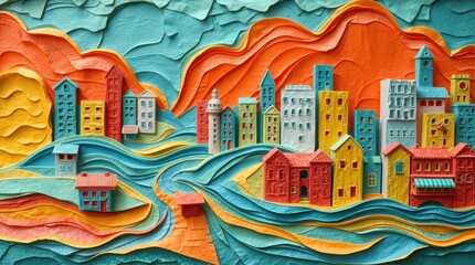 A vibrant paper art cityscape with colorful buildings and flowing waves.
