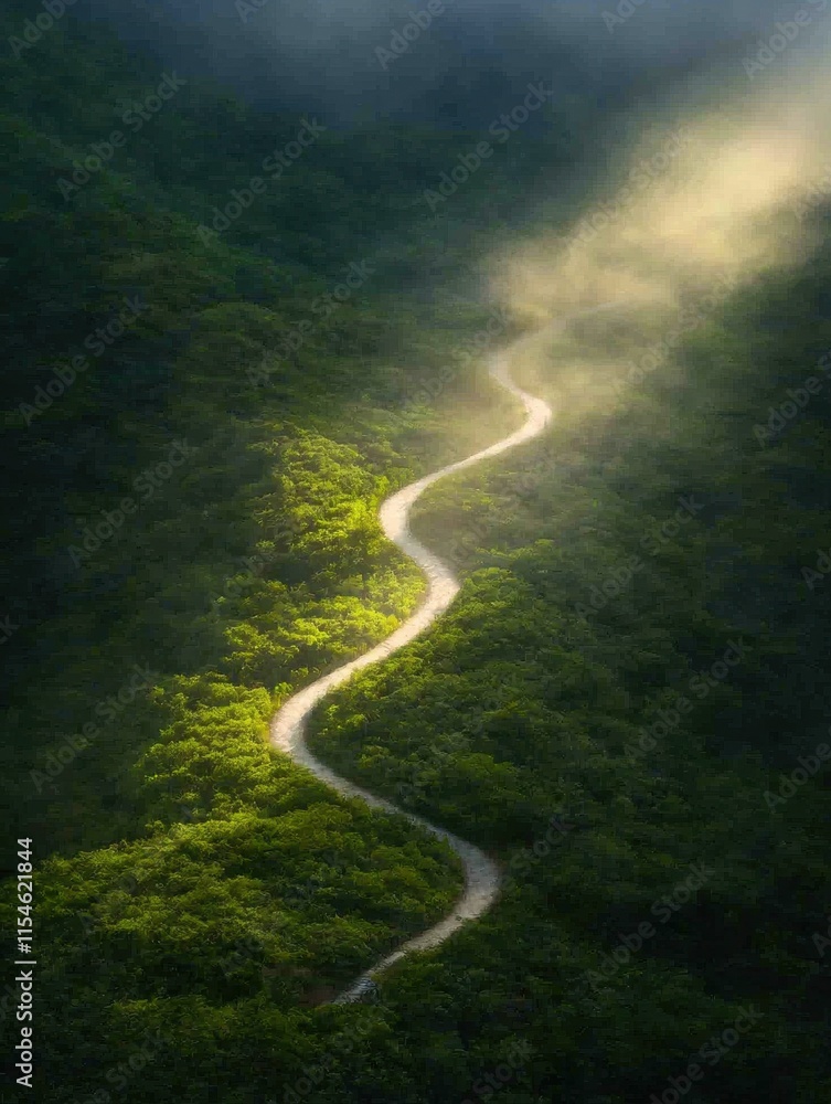 Poster winding path illuminated by rays of light dense forest nature serene environment aerial view tranqui