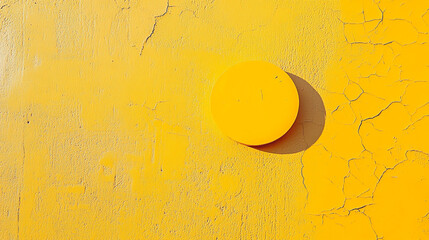 Bright yellow circular object against a textured yellow wall in sunlight. 