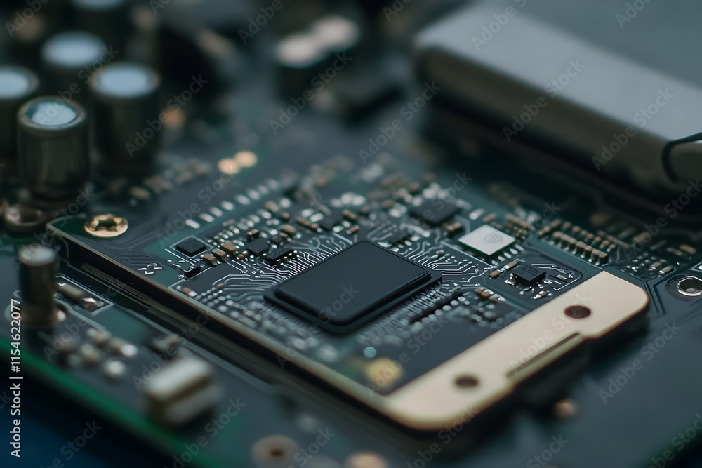 Poster close up of a circuit board with microchip. concept of technology, electronics, and innovation.