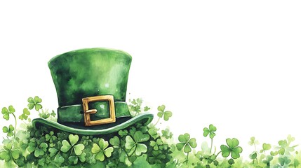 Green leprechaun hat on shamrocks.