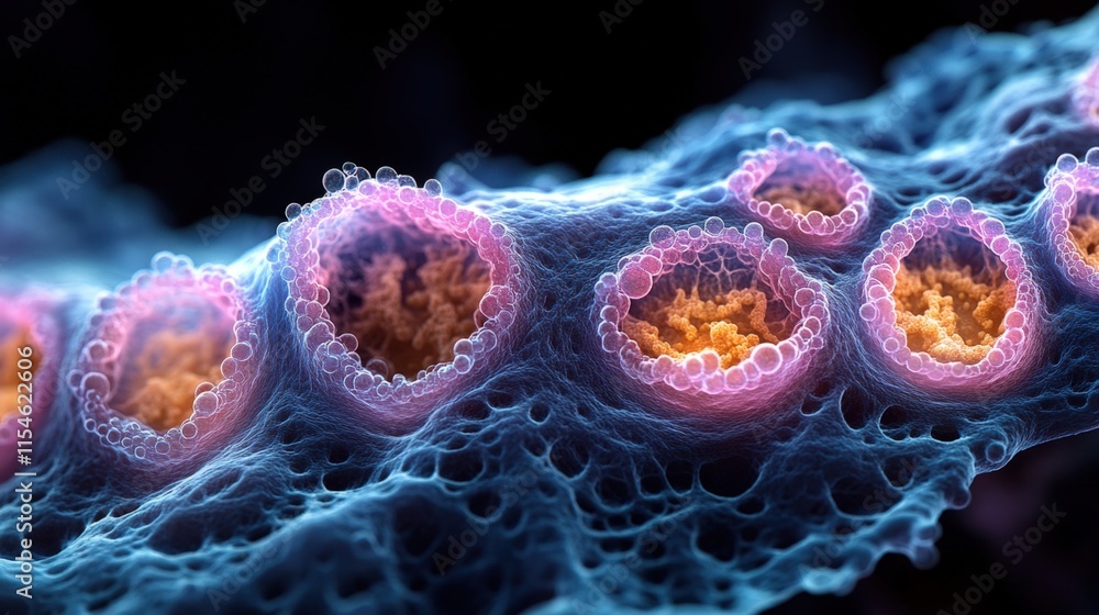 Poster microscopic view of vibrant cellular structures.