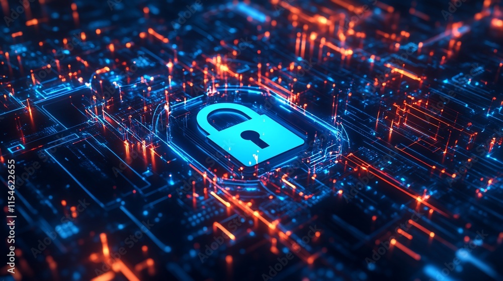 Aufkleber digital lock symbolizing cybersecurity amidst a network of data connections.