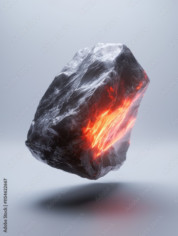 Poster floating obsidianlike cosmic stone with glowing red core digital art futuristic environment isolated