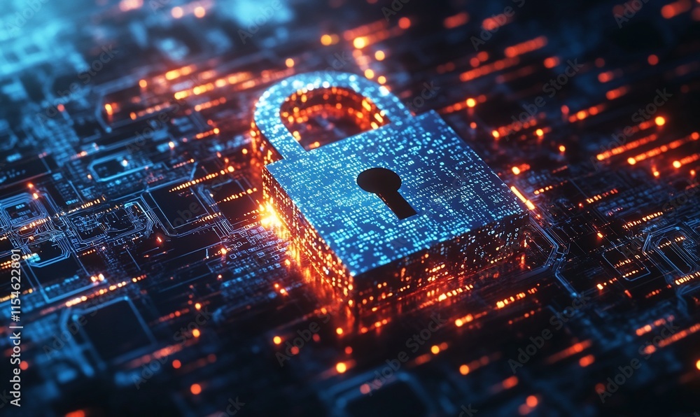 Aufkleber digital lock symbolizing cybersecurity on a tech-themed background.