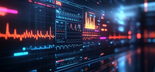 Digital display of health data with waveforms and statistics.