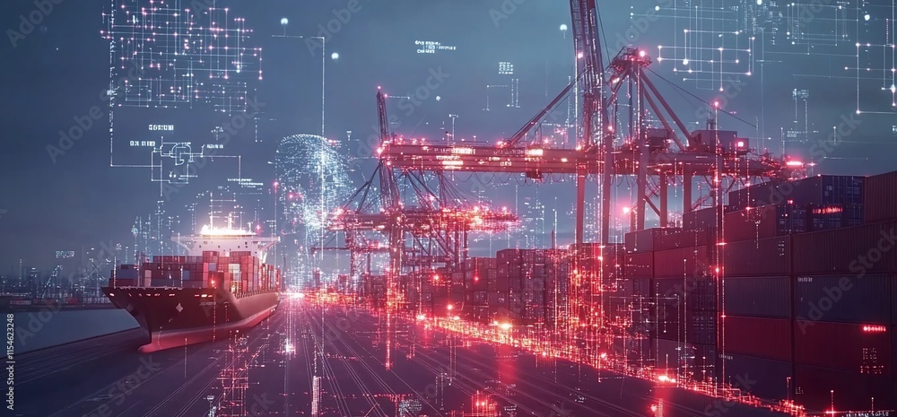 Poster digital representation of a shipping port with containers and cranes.