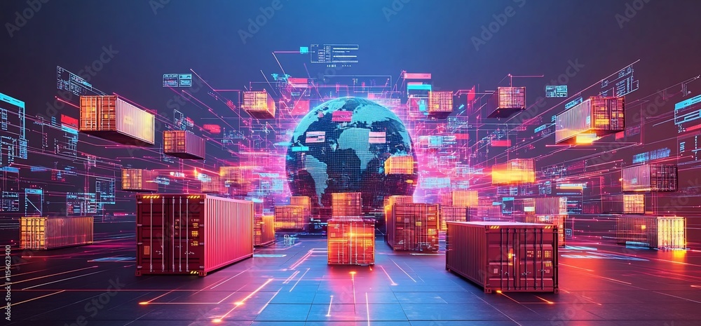 Aufkleber digital representation of global shipping and data connectivity.