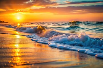 Peaceful beachscape: calm sea, golden sunset light. Minimal photography.
