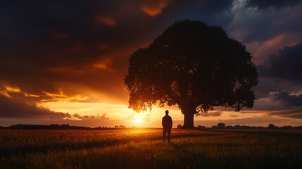Naklejka premium Silhouette of a Man Contemplating at Sunset by a Majestic Oak Tree