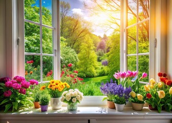 Fototapeta premium High above, blooming flowers and vibrant greenery thrive in a sun-drenched aerial spring garden, viewed from a white windowsill.