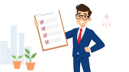 A cheerful businessman holds a checklist, symbolizing productivity and achievement.