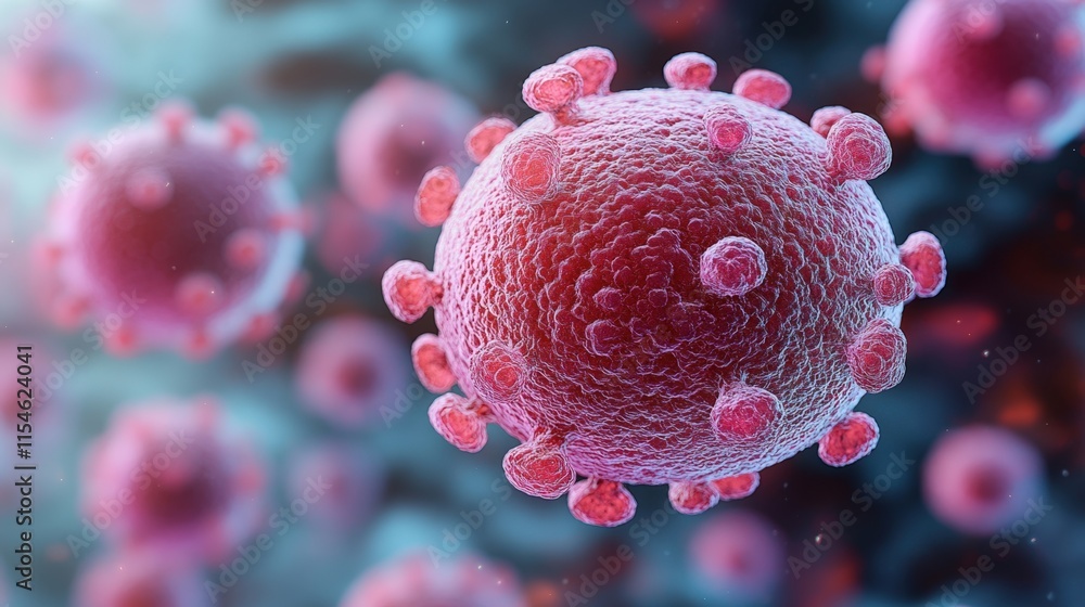 Poster microscopic view of a virus, showing its surface proteins and structure.