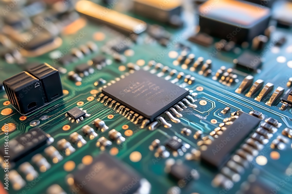 Poster close up of circuit board with microchip. concept of technology, electronics, and innovation.